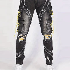 Men's Denim Cargo Pants Flap Pocket Jean Trousers