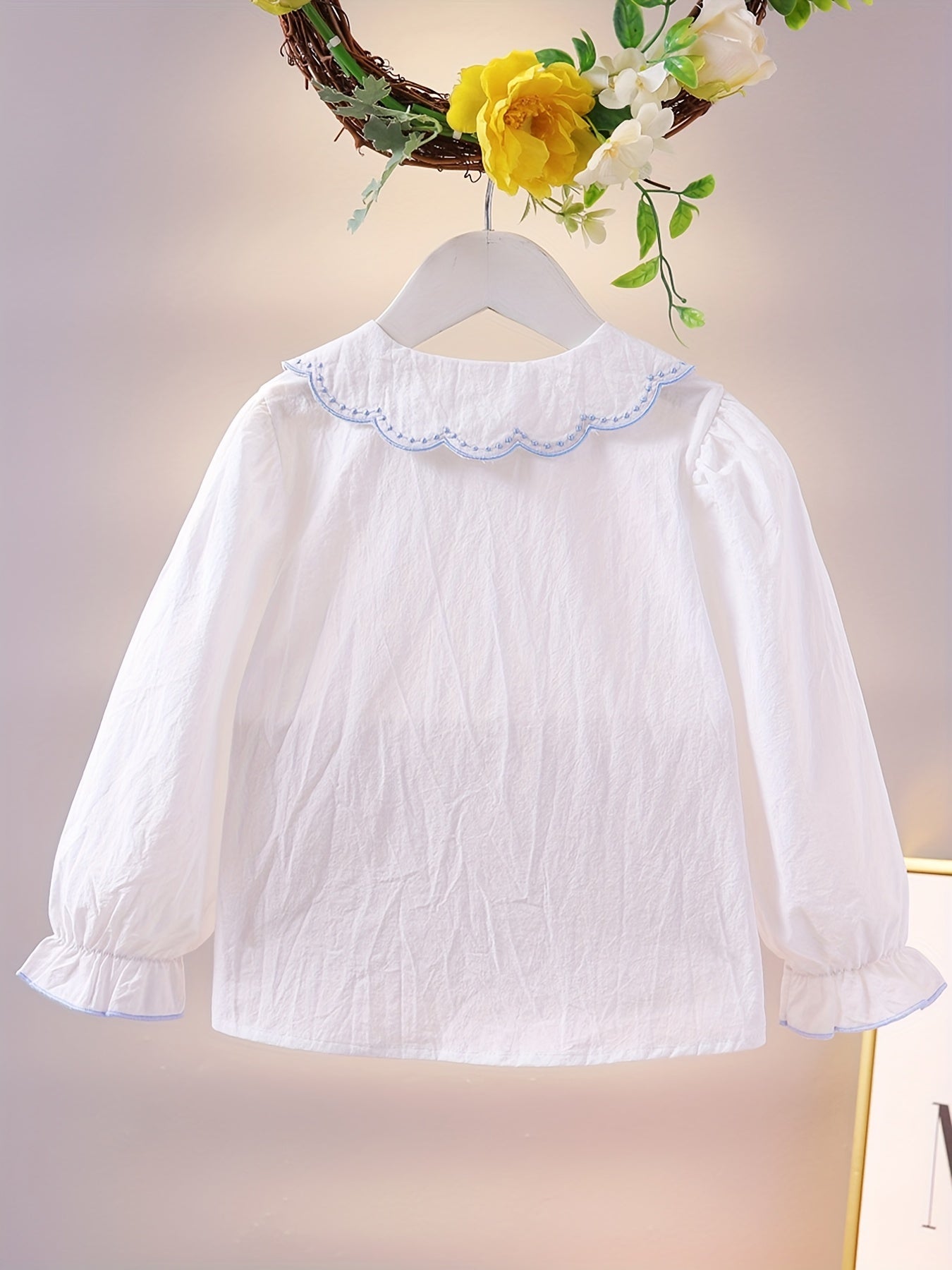 Girls Flower Embroidered Button Long Sleeve Shirt