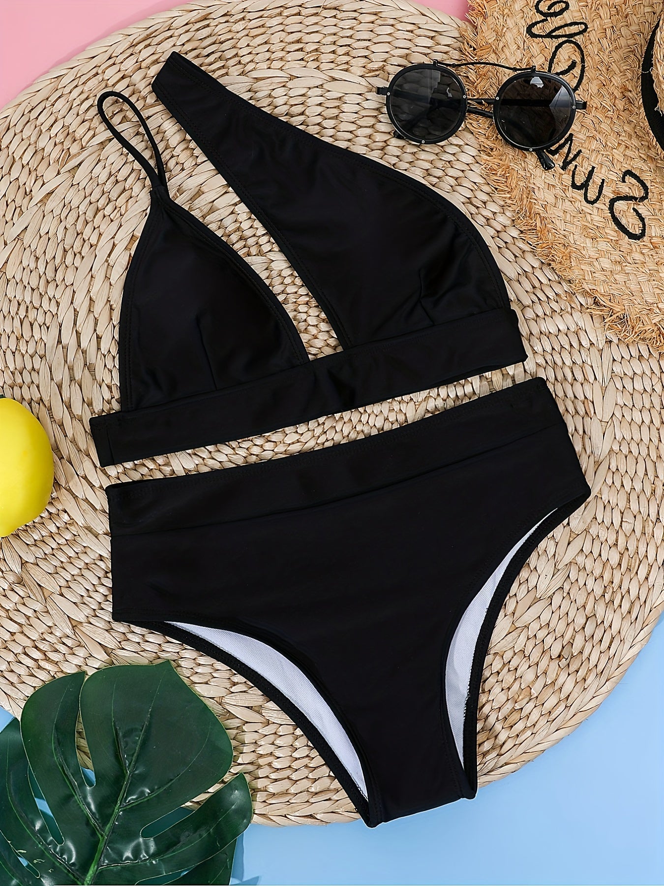 One Shoulder Asymmetric Bikini Set Solid High Stetch 2 Piece Swimsuit