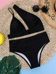 One Shoulder Asymmetric Bikini Set Solid High Stetch 2 Piece Swimsuit