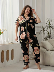 Floral Pajama Set Short Sleeve Button Up Plus Size Loungewear