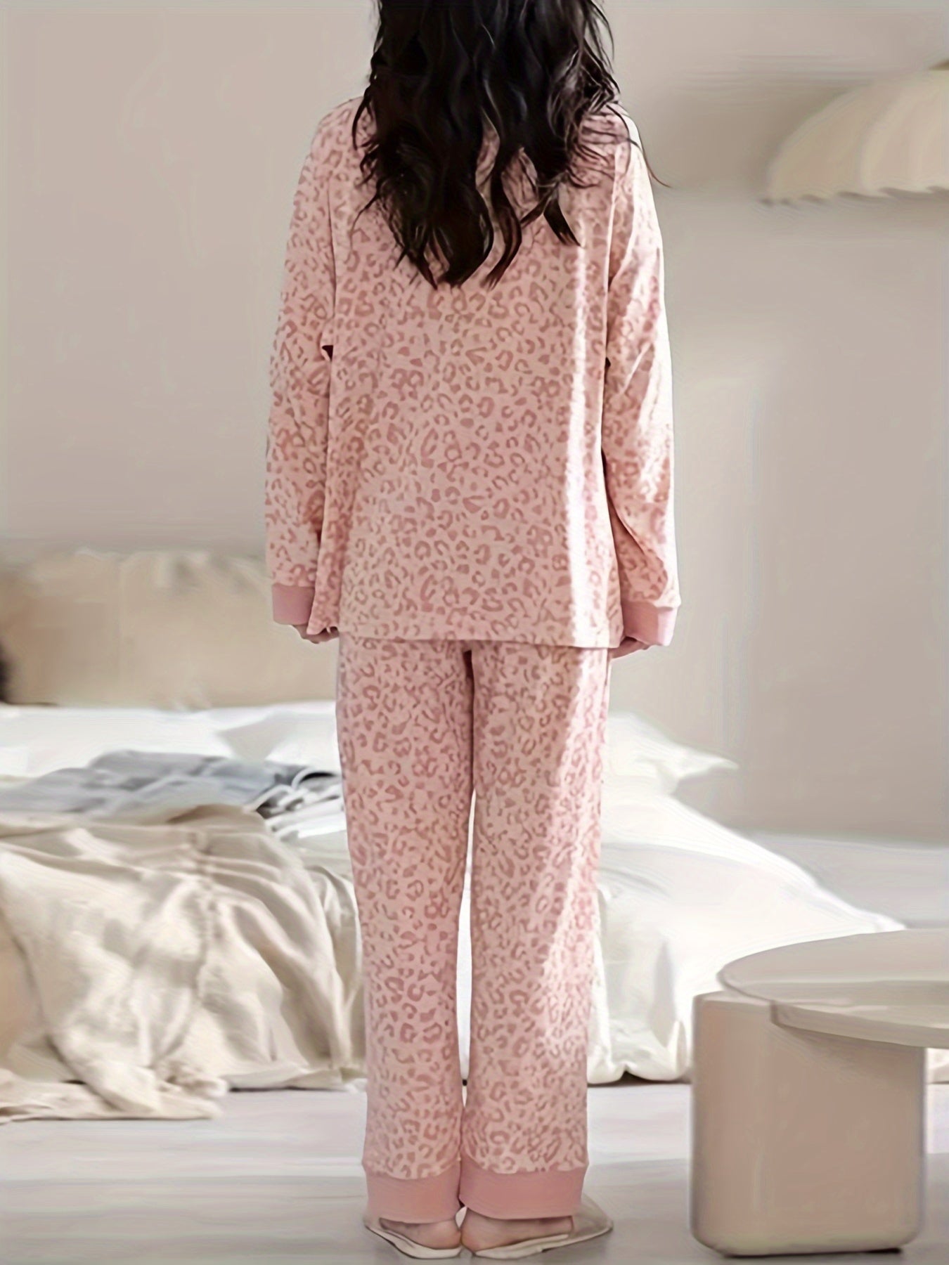 Leopard Print Pajama Set Long Sleeve Top & Pants