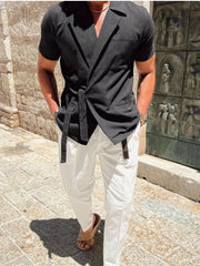 Men's Casual Cotton Shirt Lace Up Lapel Short Sleeve for Summer