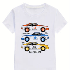 Boys Cartoon Race Car Print Cotton Short Sleeve Tops T Shirt