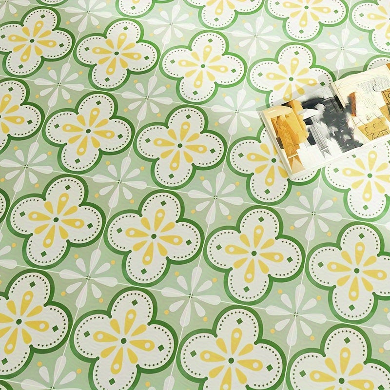 10pcs Green Flower Pattern Peel And Stick Floor Tile