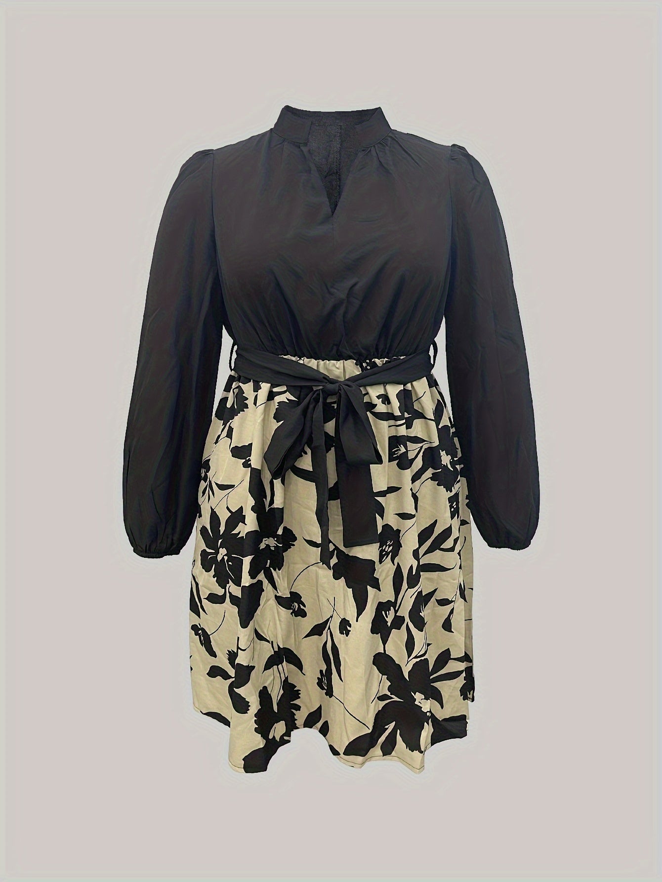 Floral Print Lantern Sleeve Plus Size Dress With Belt