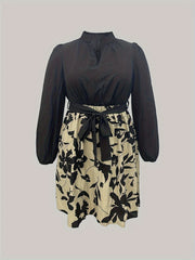 Floral Print Lantern Sleeve Plus Size Dress With Belt