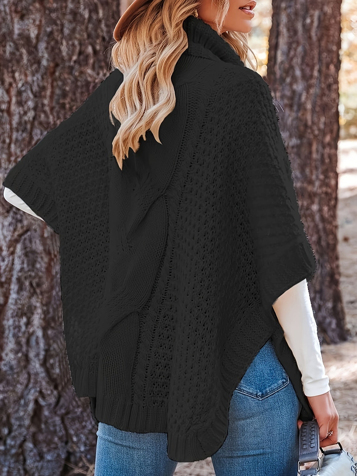 Solid Cable Bat Sleeve Turtle Neck Jumper