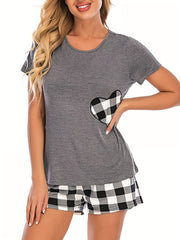 Plaid Print Lounge Set Crew Neck Short Sleeve Top & Elastic Waistband Shorts