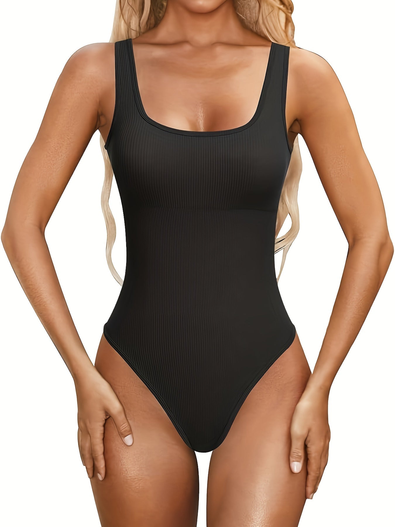 Ribbed Tank Bodysuit Square Neck Sleeveless Jumpsuit Solid Color