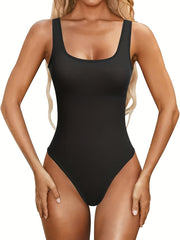 Ribbed Tank Bodysuit Square Neck Sleeveless Jumpsuit Solid Color
