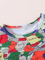 Boys Map Print Casual Outfit Round Neck T shirt & Shorts Set