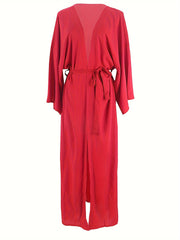 Solid Long Sleeve Belted Kimono Cover Up