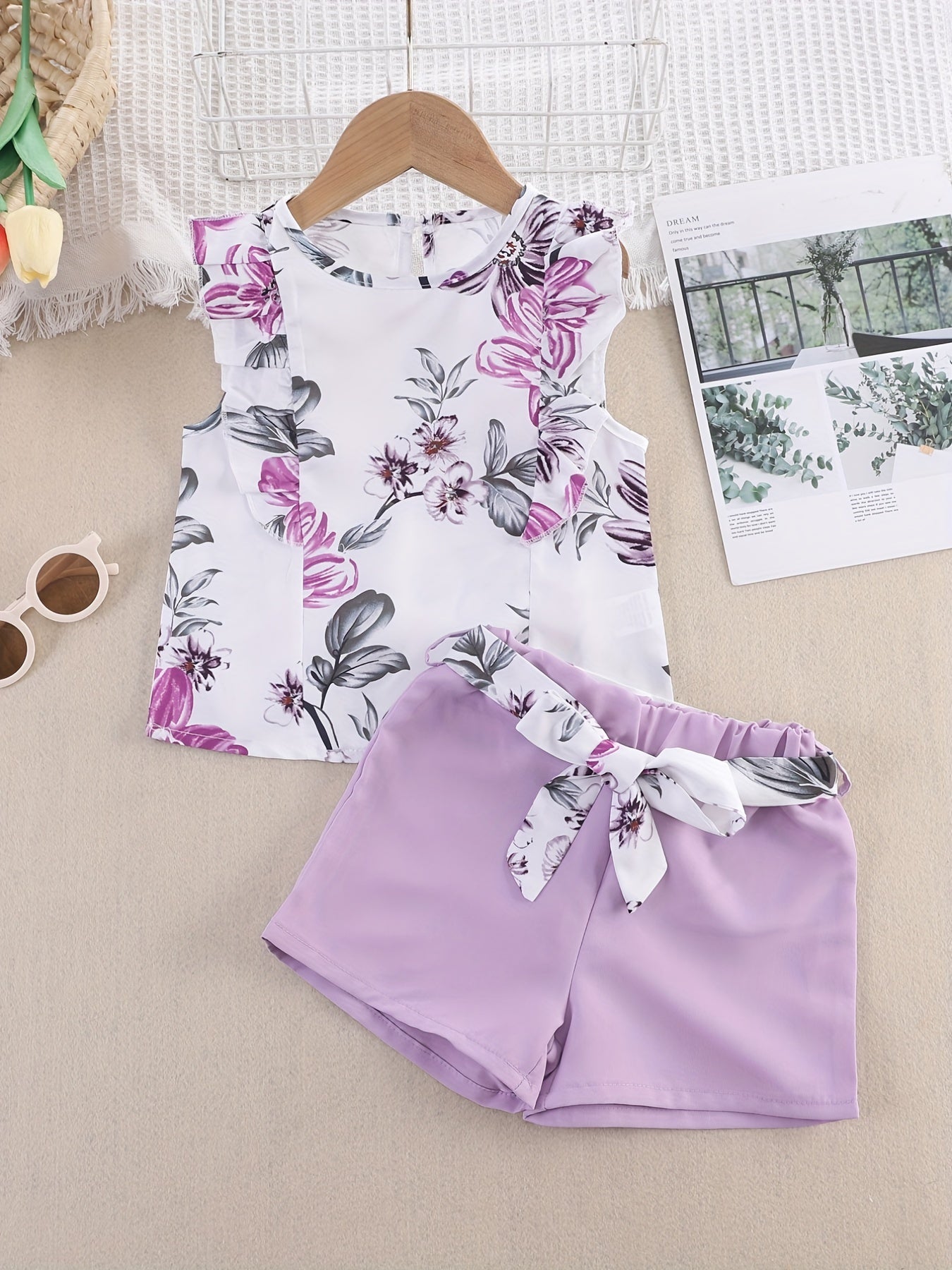 Toddler Girls Sleeveless Flowers Top & Shorts Set Kids Summer Clothes