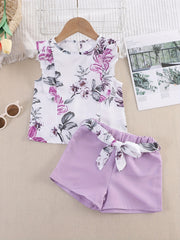 Toddler Girls Sleeveless Flowers Top & Shorts Set Kids Summer Clothes