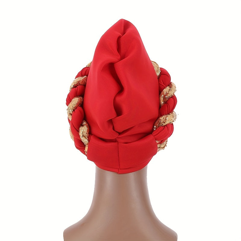 Sequin Red Turban Elastic Head Wrap Pre-tied Ramadan Hijab Women Bandana
