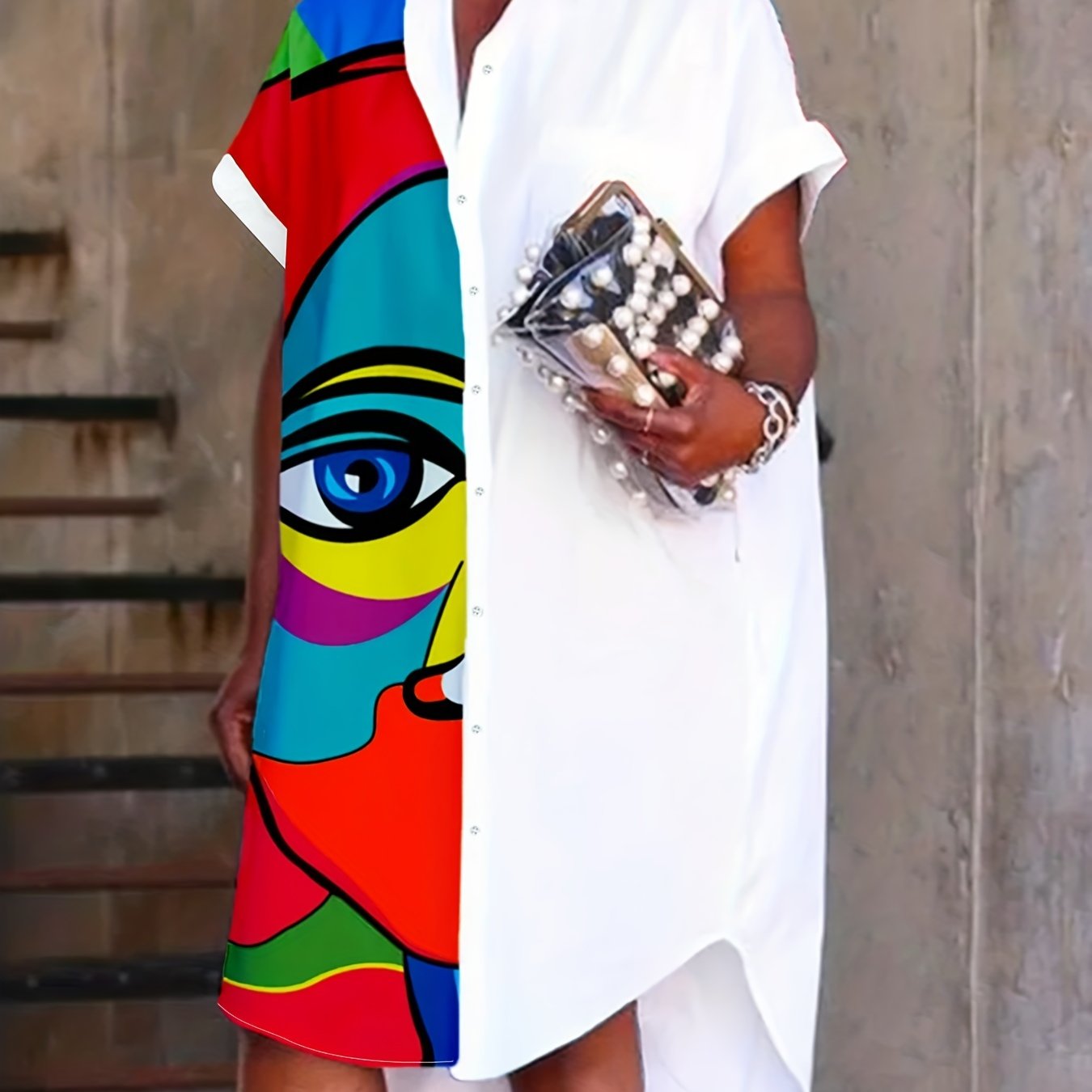 Print Button Front Shirt Dress Rolled Short Sleeve