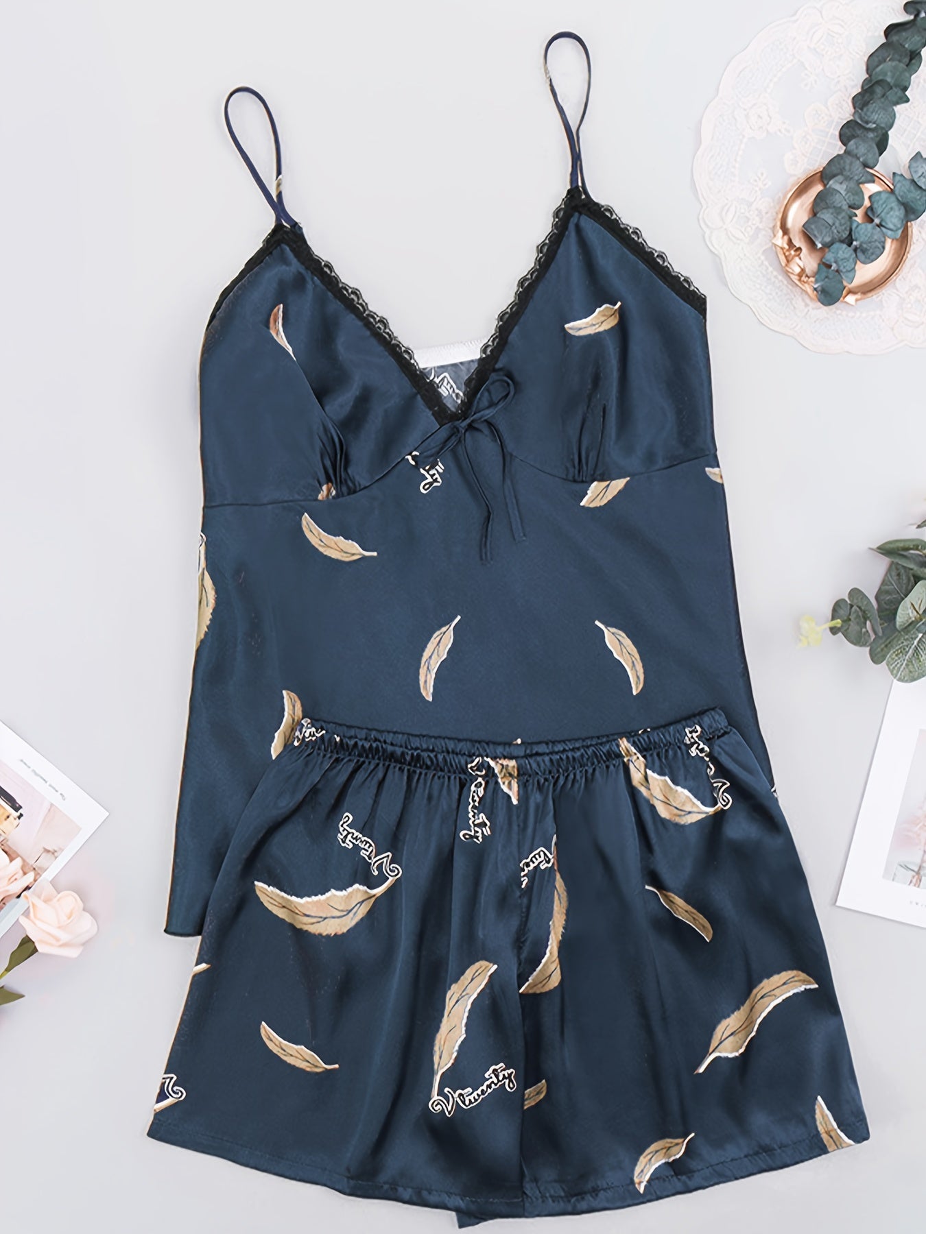 Sexy Pajamas Set Women's Plus Feather & Letter Print V Neck Satin Cami