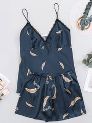 Sexy Pajamas Set Women's Plus Feather & Letter Print V Neck Satin Cami
