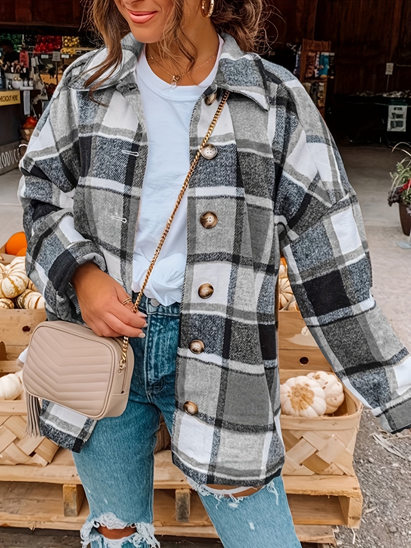 Plaid Shirt Jacket Long Sleeve Casual Shacket for Women