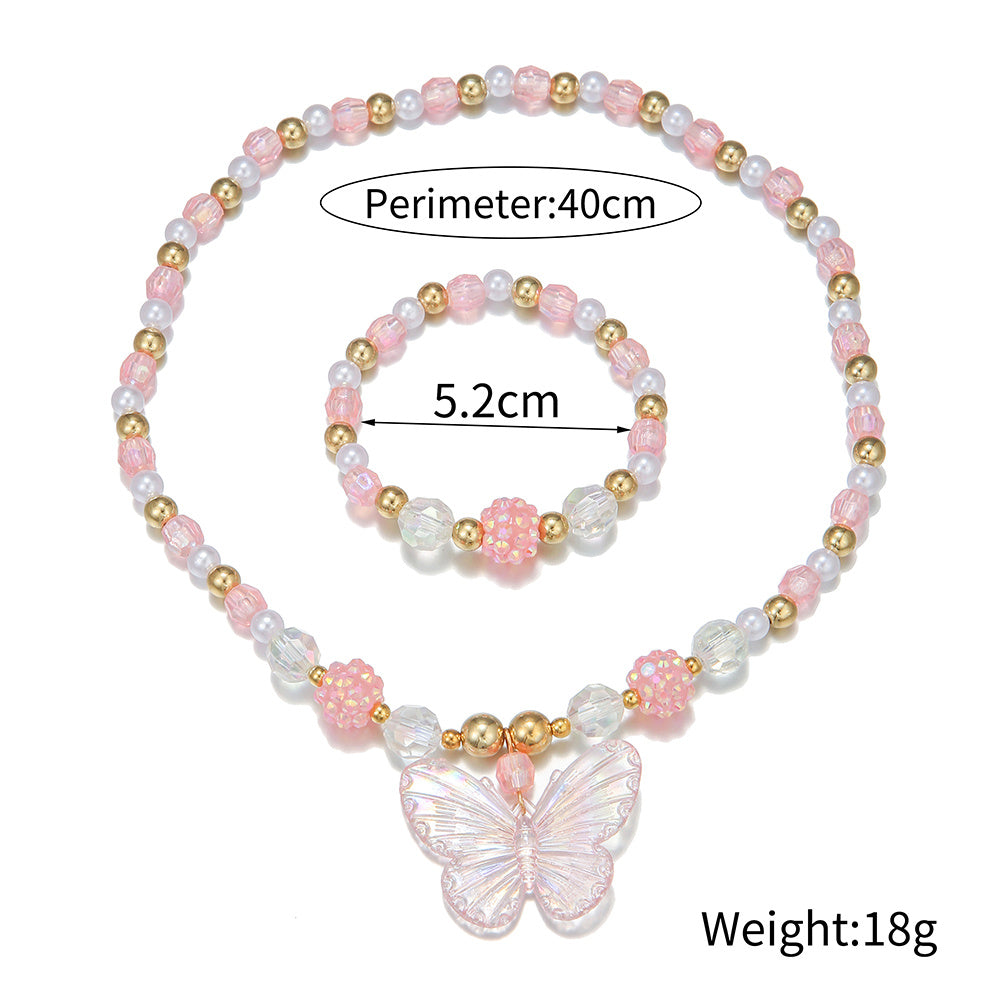 Kids Butterfly Necklace Set Acrylic Pendant Beads Elastic Bracelet
