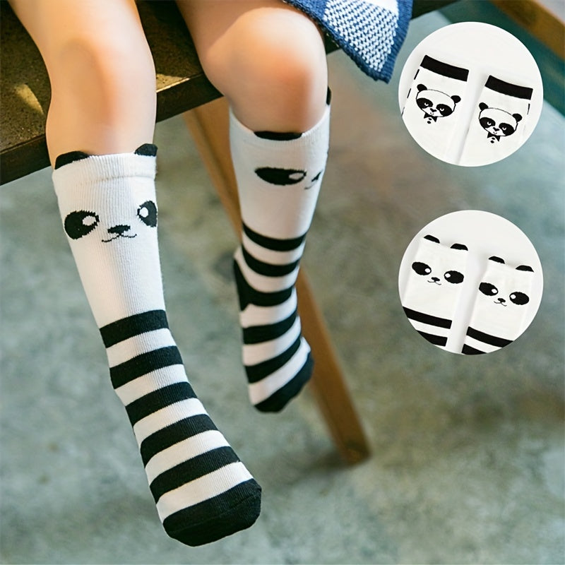 Girls Panda Striped Knee High Socks for Kids