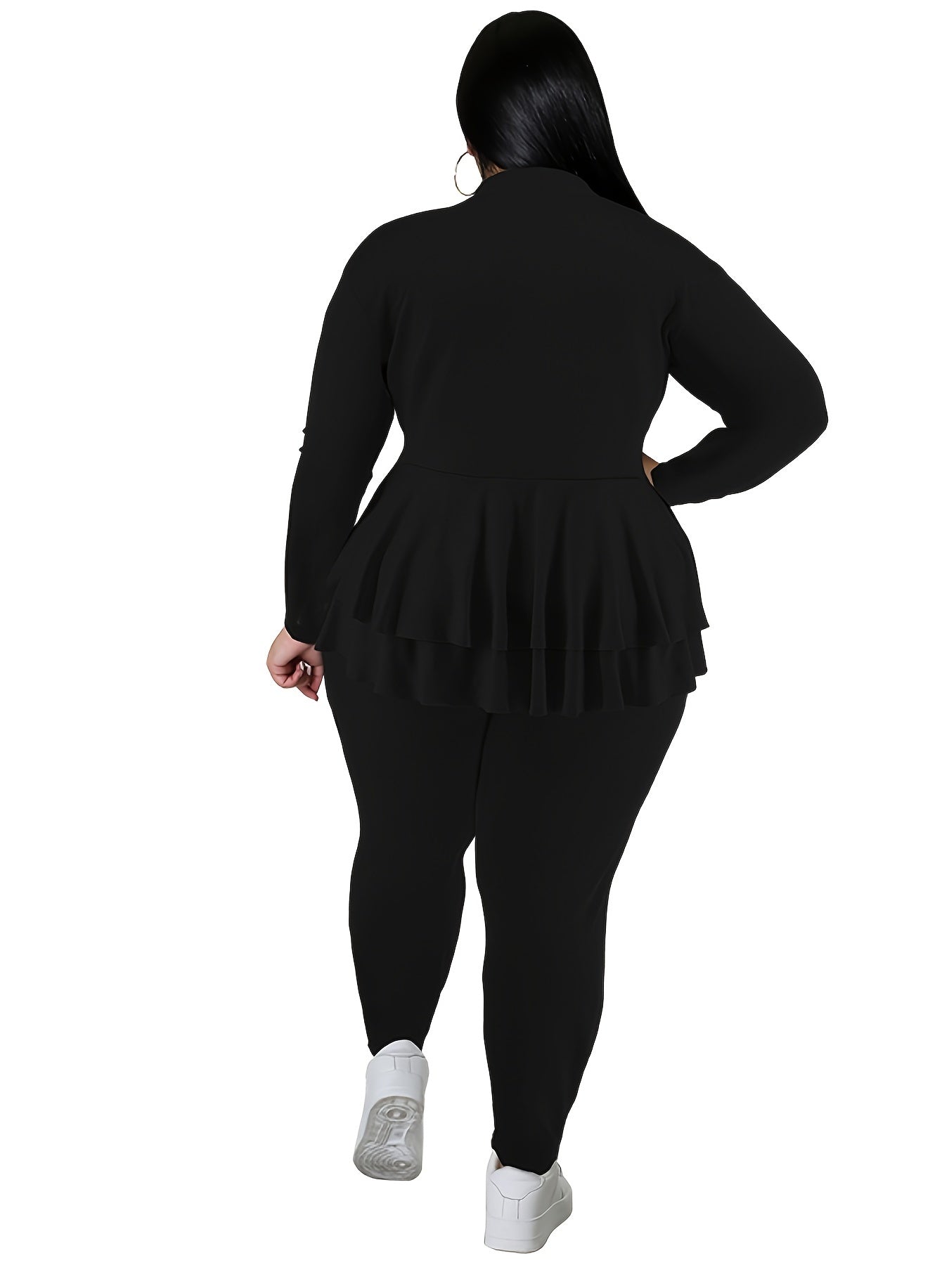 Ruffle Trim V Neck Long Sleeve Shirt & Pants Set Plus Size