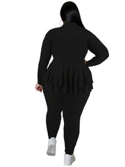 Ruffle Trim V Neck Long Sleeve Shirt & Pants Set Plus Size