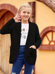 Girls Winter Cardigan Sweater With Fringes & Pockets, Ages 7-14