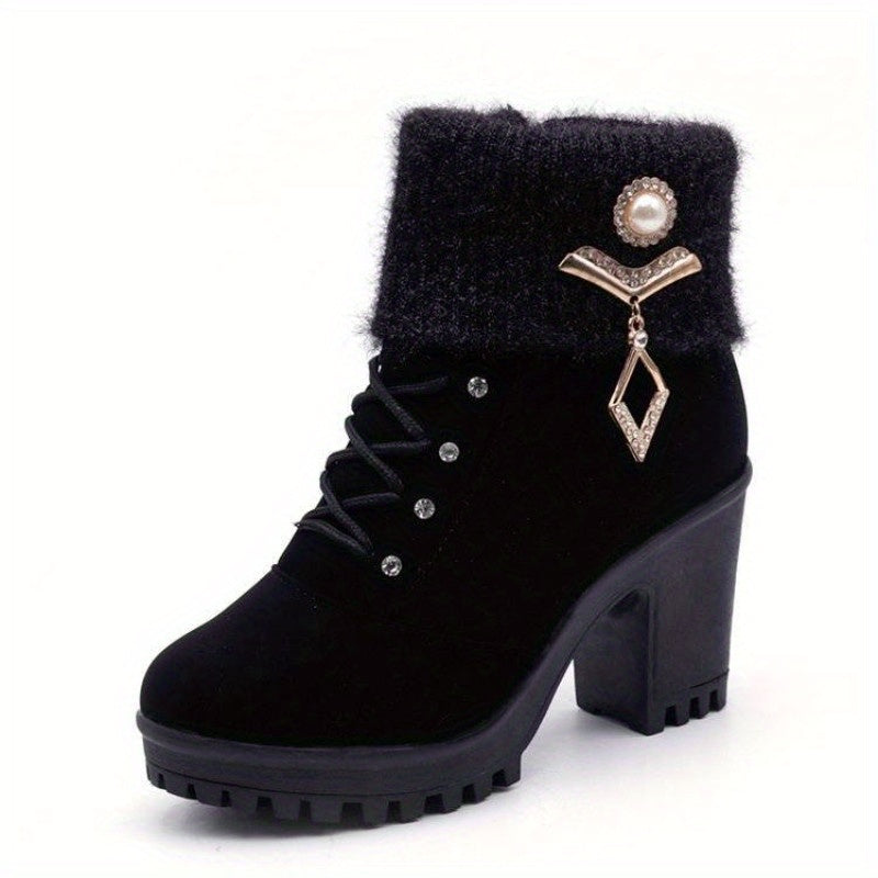 Women's Rhinestone Decor Velvet Boots Chunky Heel Winter Shoes