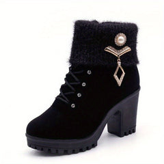 Women's Rhinestone Decor Velvet Boots Chunky Heel Winter Shoes