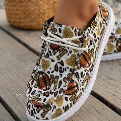 Leopard Rugby & Love Heart Graffiti Flat Shoes Women Slip On Casual
