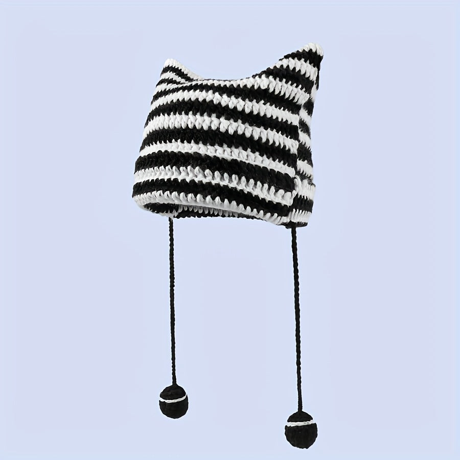Harajuku Striped Knit Beanie Pom Pom Tassel Gothic Cap Cat Ears Hats