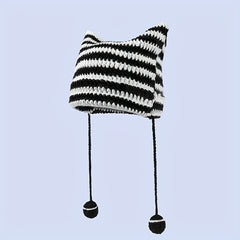Harajuku Striped Knit Beanie Pom Pom Tassel Gothic Cap Cat Ears Hats