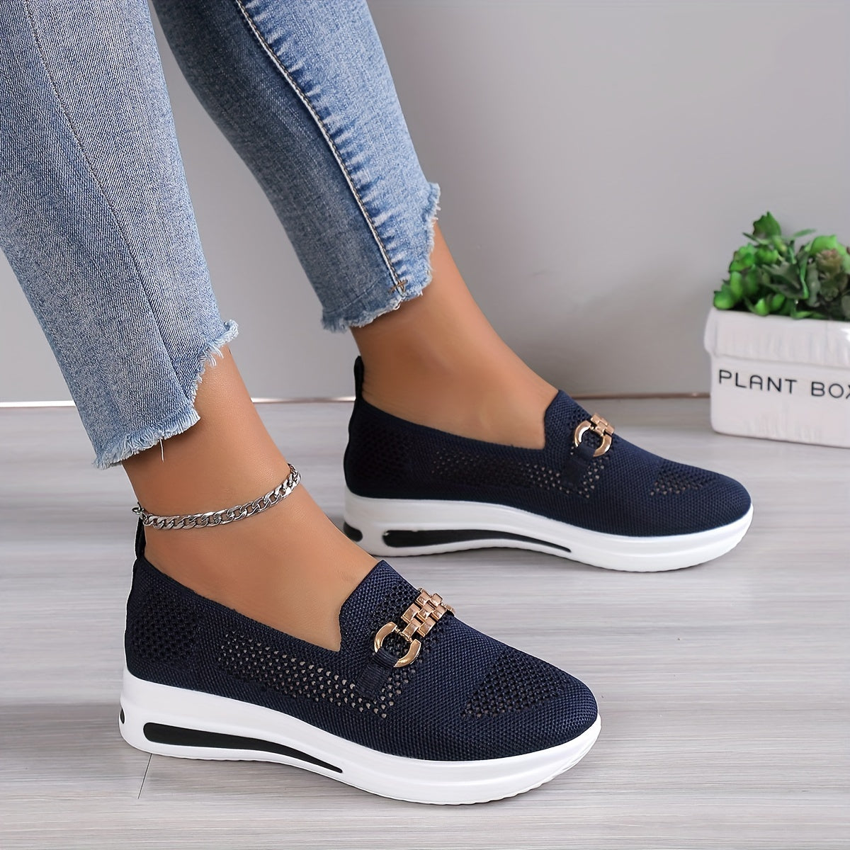 Women's Air Cushion Wedge Shoes Hollow Out Chain Decor Slip On Walking Shoes