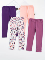 4pcs Girls' Stretch Ankle Pants Plain & Floral Print Casual Kids Pants
