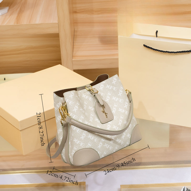 Beige Floral Bucket Bag for Women Zipper Closure Large Capacity