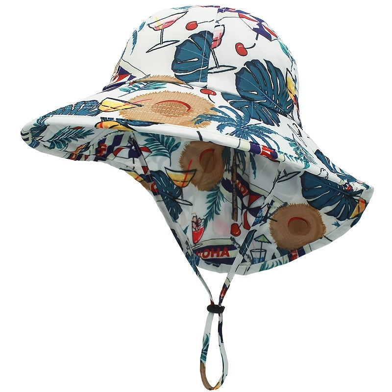 Kids Ocean Animal Print Bucket Hat With Shawl Protective Wide Brim Basin Hat