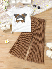 Girl Portrait Pattern T shirt & Polka Dot Pants Set For Holiday
