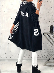 Letter Print Hooded Cardigan with Pockets