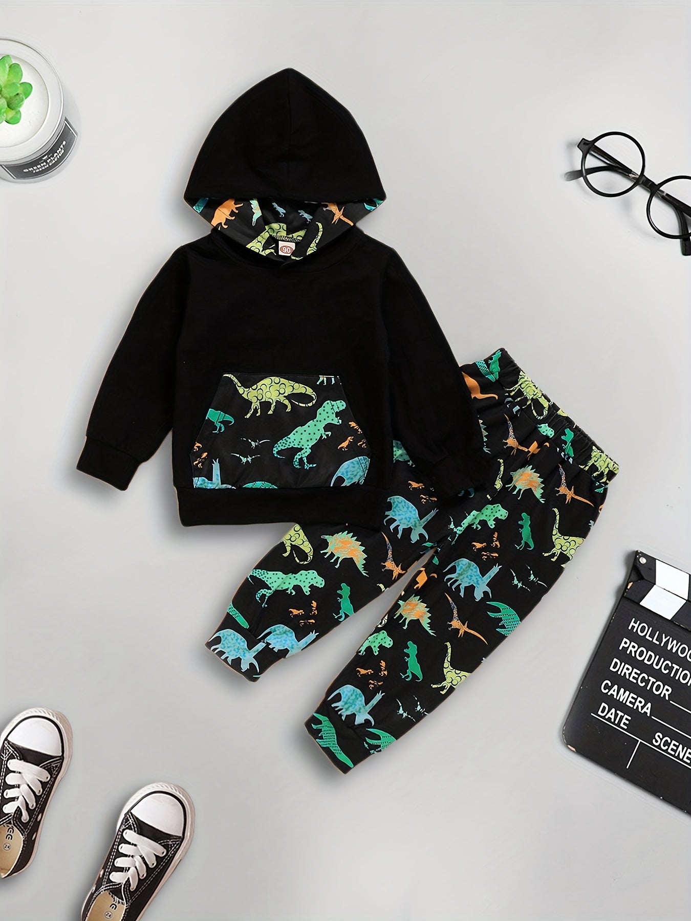 Boy's Dino Print Hoodie & Pants Set for Spring Fall
