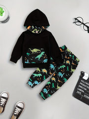 Boy's Dino Print Hoodie & Pants Set for Spring Fall