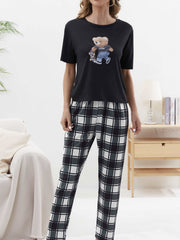 Bear Print Pajama Set Short Sleeve Crew Neck Top & Pants Women's Sleepwear