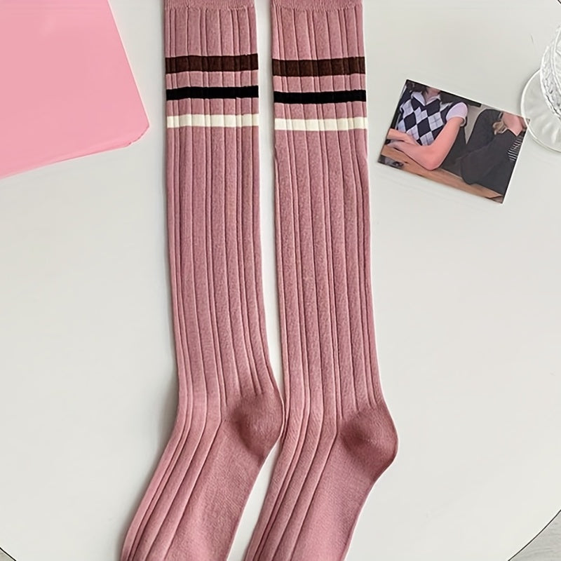 3 Pairs Colorblock Striped Calf Socks College Style Knee High Socks Women's