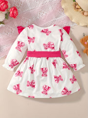 Baby Girls Bear Print Flying Sleeve Dress with Belt