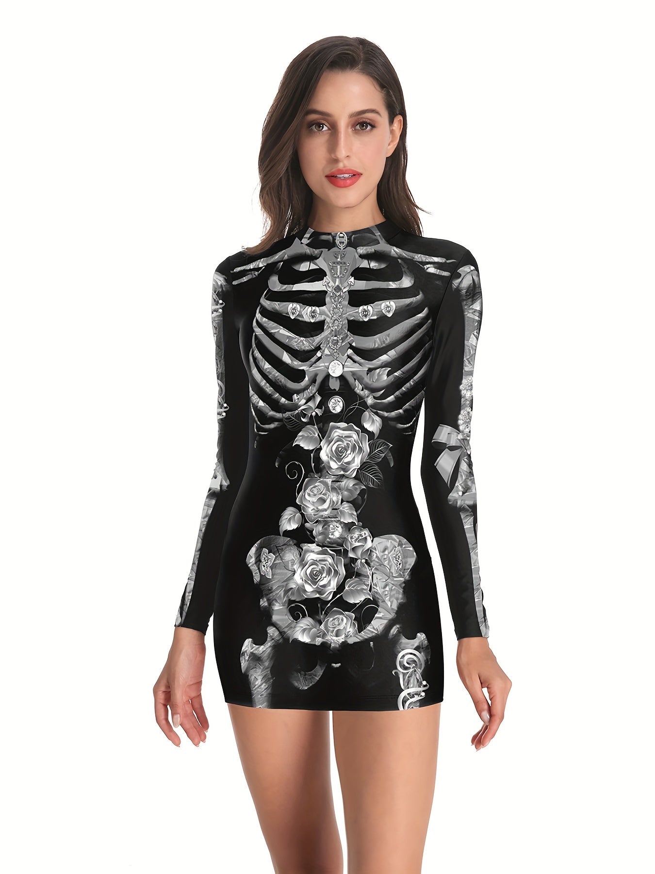 Skeleton & Floral Print Slim Dress Casual Mock Neck Dress
