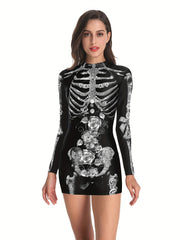 Skeleton & Floral Print Slim Dress Casual Mock Neck Dress