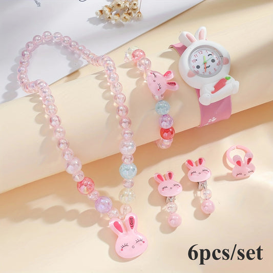 Girls Pink Rabbit Watch Set with Puff Quartz
