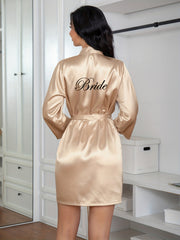 Letter Print Night Robe Long Sleeve V Neck Robe With Belt