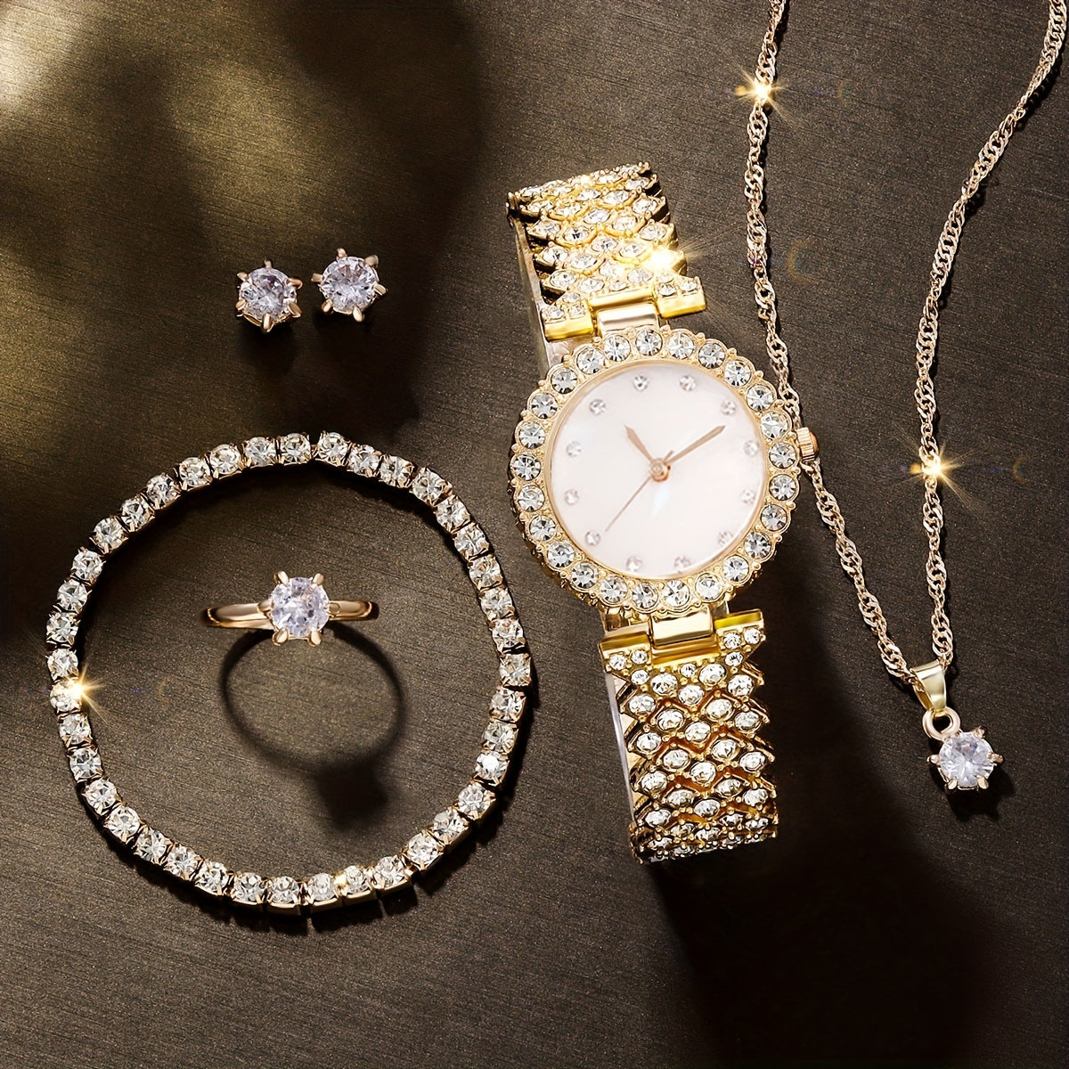 Kids Rhinestone Round Quartz Watch & 5pc Jewelry Set